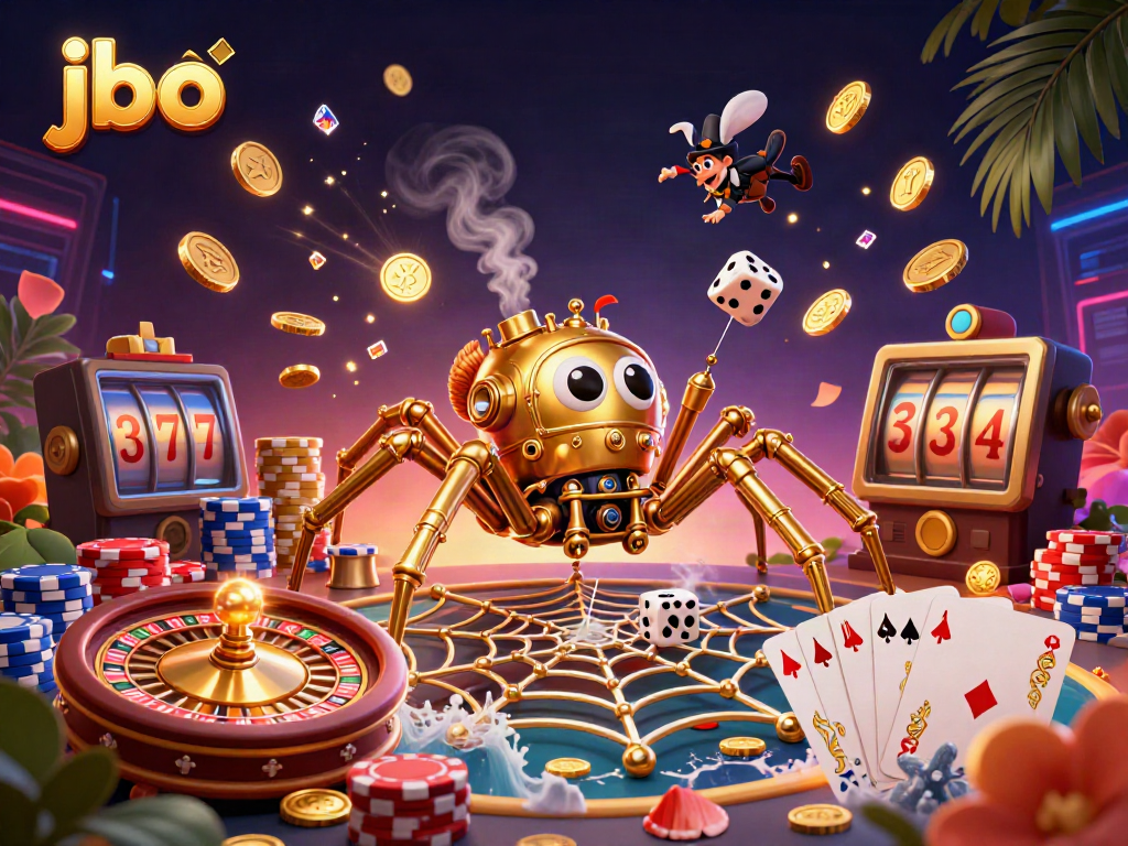 Experience thrilling victory at JBO with steampunk elements, golden coins, poker chips, and a futuristic casino aesthetic.
