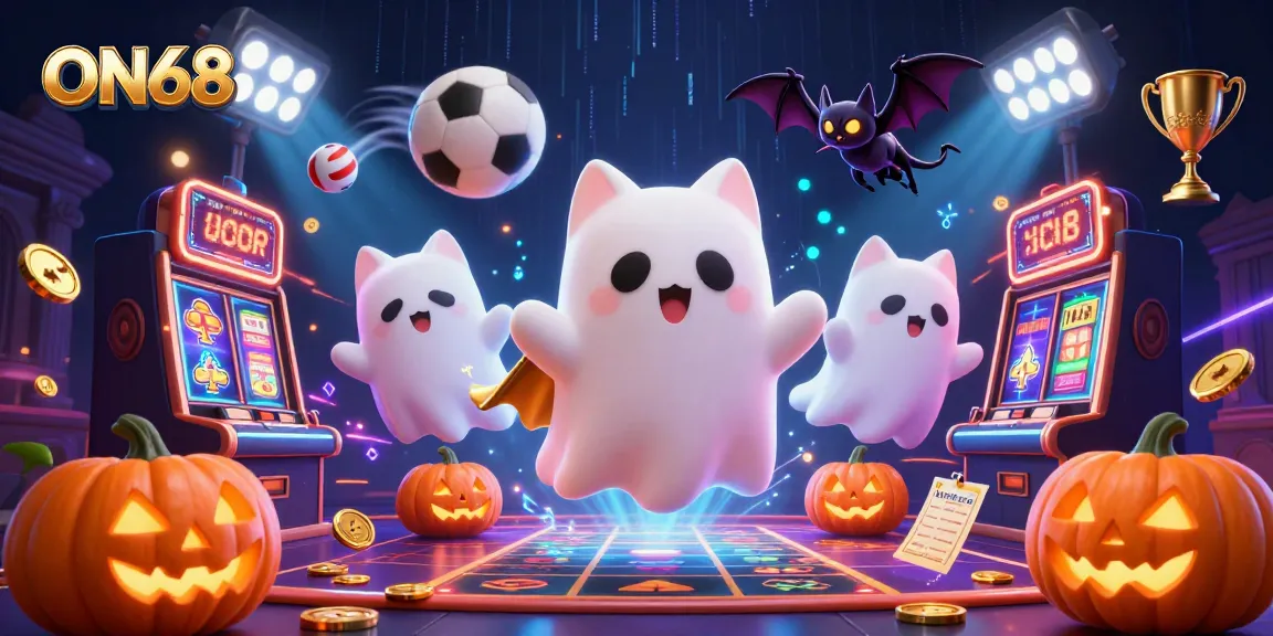 Engage with ON68's vibrant casino experience featuring a ghost cat and vampire bat in a haunted scene.