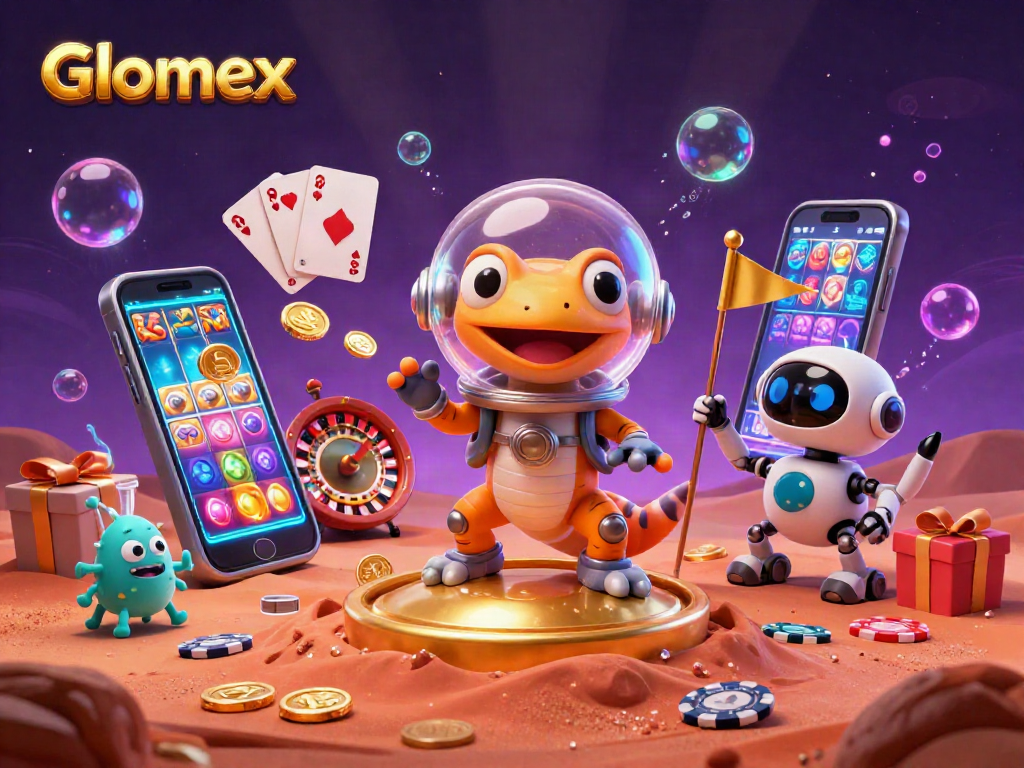 Glomex showcases a fun Martian gecko engaging with a vibrant casino filled with colorful slot games.
