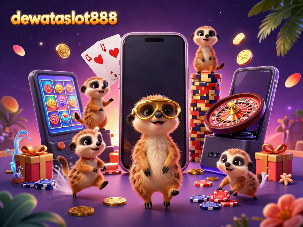 Dewataslot888, kasino daring dengan koloni meerkat sedang bermain kartu dan mengelola chip, menampilkan keseruan