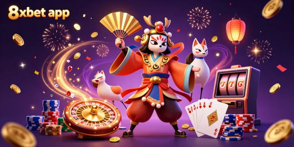 Experience thrilling gaming with the 8xbet app, showcasing kabuki warrior and casino elements.