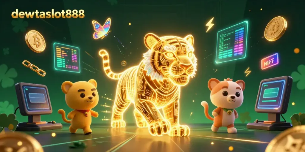 Permainan yang memukau di dewataslot888 dengan harimau emas neon dan elemen crypto digital.