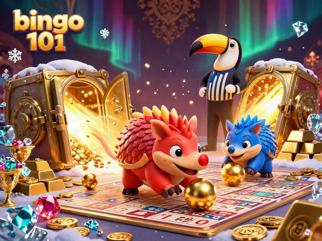 Experience thrilling bingo 101 gameplay with dynamic pangolins and a toucan referee amidst dazzling golds and gems.