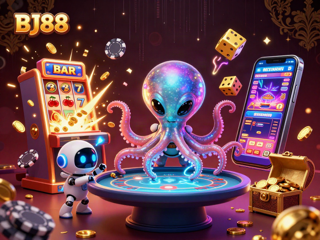 BJ88 offers thrilling gameplay with an alien octopus mastering a holographic poker table amidst a vibrant casino scene.