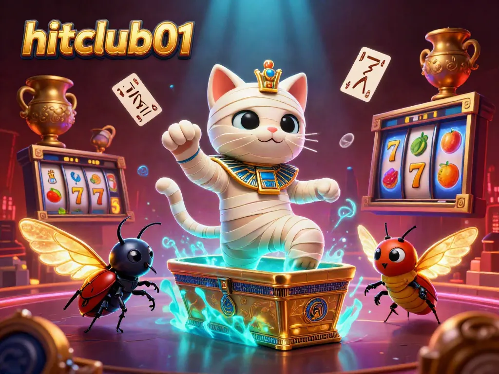Experience vibrant gameplay with hitclub01 featuring a mummy cat and golden elements in a rich casino scene.