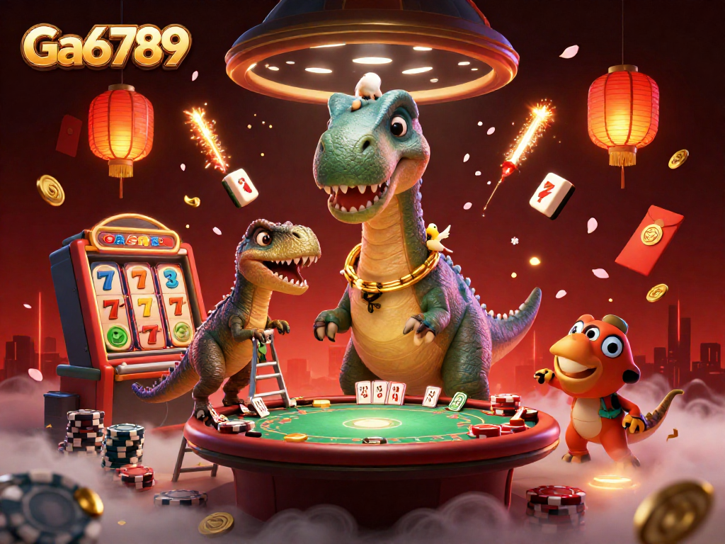 Ga6789 showcases a vibrant 3D casino scene with a towering brontosaurus and lively poker action.