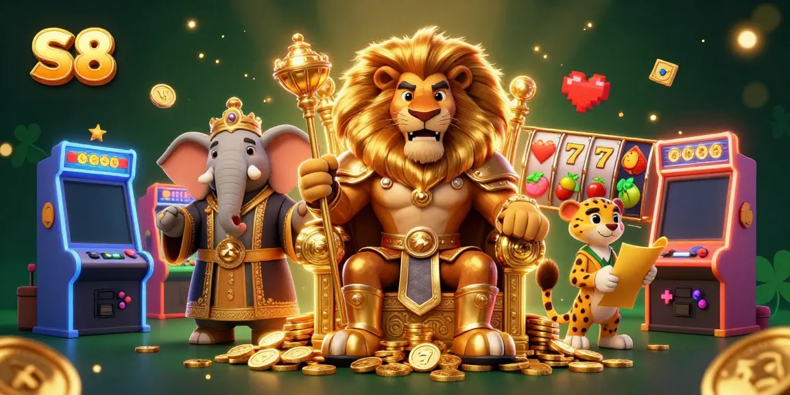 S8 gaming experience featuring a lion king, elephant advisor, and cheetah messenger with dynamic slot elements in a rich 3D scene.