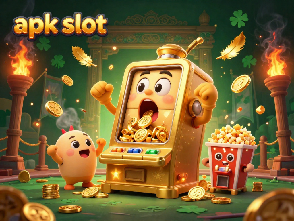 Permainan apk slot dengan mesin slot emas berseplot dan koin melimpah di sekelilingnya.