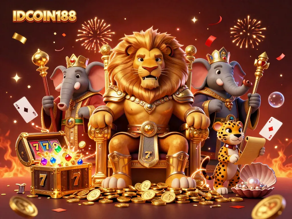 IDCOIN188 showcases a majestic lion king alongside a wise elephant and a speedy cheetah in a vibrant casino scene.
