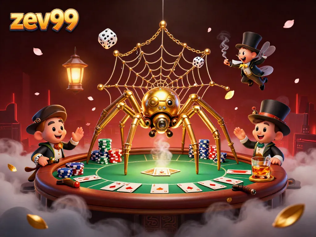 Zev99 captures thrilling casino gameplay with intricate designs and gold-themed illustrations.