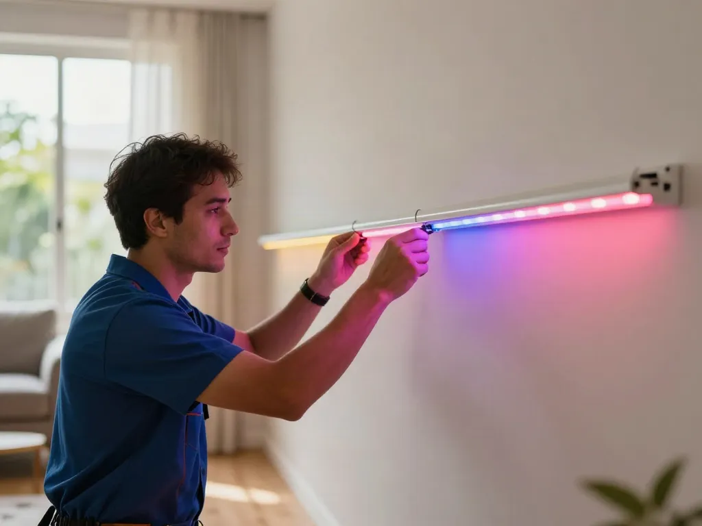 Instalator profesionist instalând banda LED în interior, servicii de încredere.