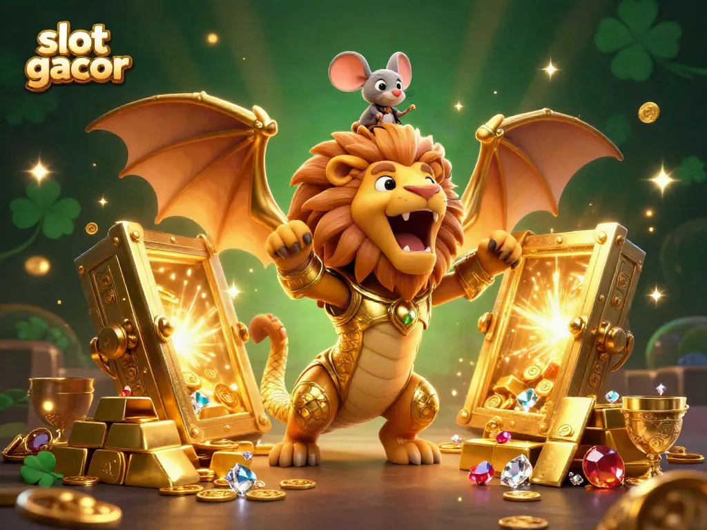 Spin the slot gacor reels with a golden chimera creature and its mouse jockey amidst treasure.