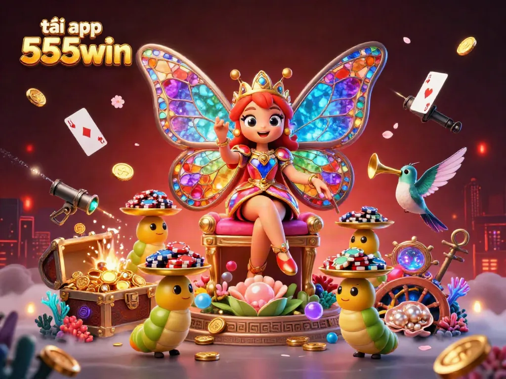 Experience the thrill of tải app 555win, featuring a vibrant casino-themed illustration with bright colors and engaging characters.