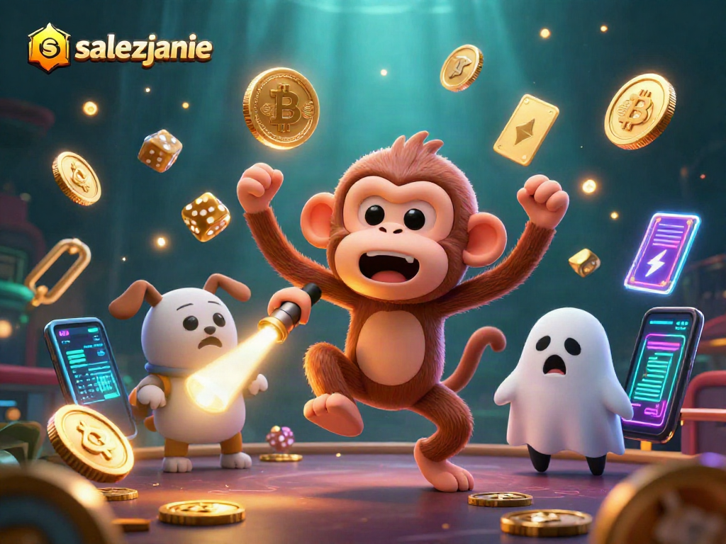 Salezjanie w akcji: małpa poltergeist czarująca w kasynie, z rozświetlonymi monetami blockchain.