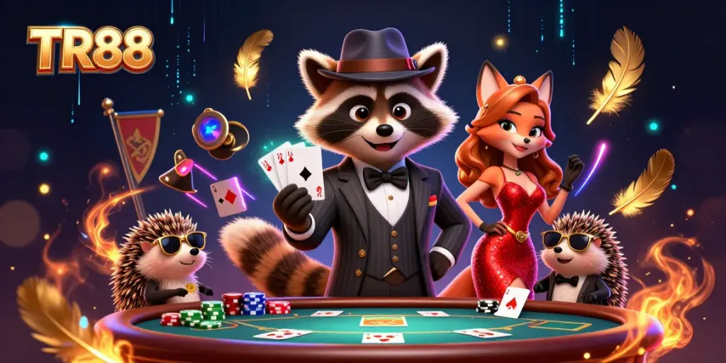 Experience the excitement of TR88 with a raccoon, fox, and hedgehog at a lavish poker game.