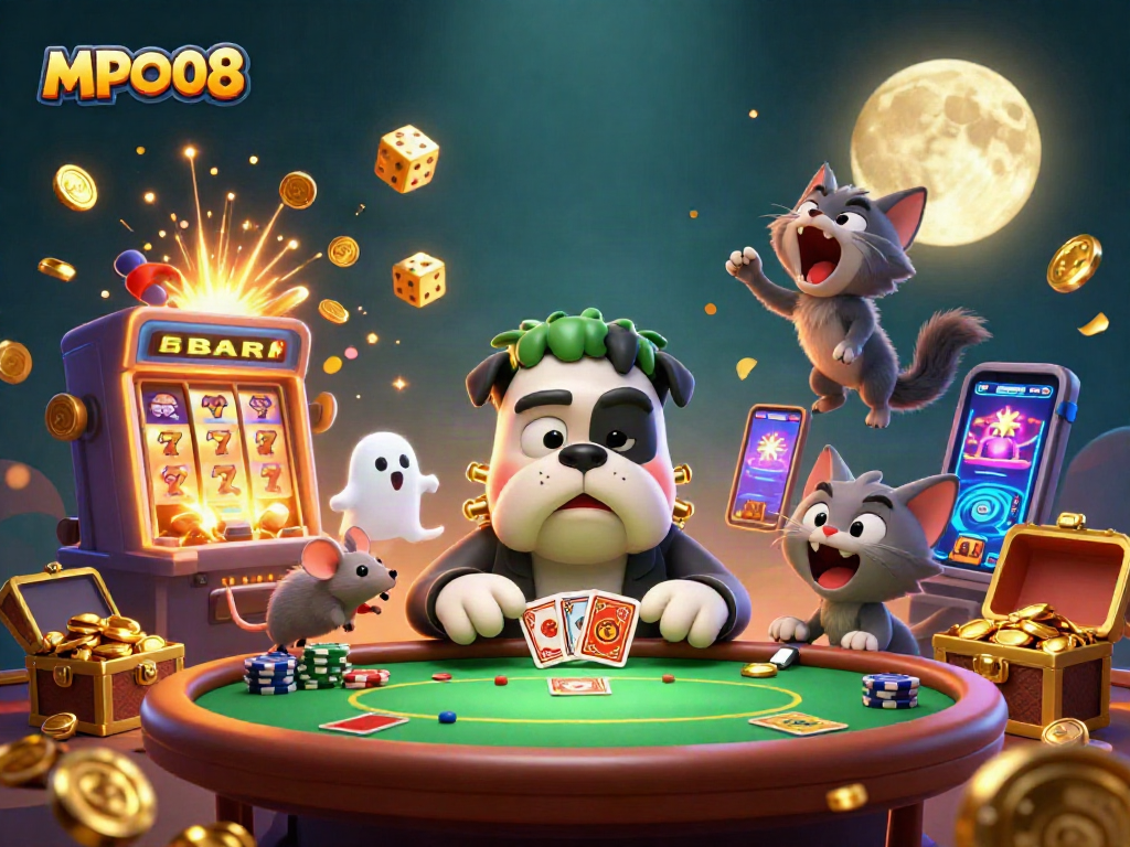 MPO08 casino scene with Frankenstein bulldog dealing cards at a lively table, rich in gaming elements.