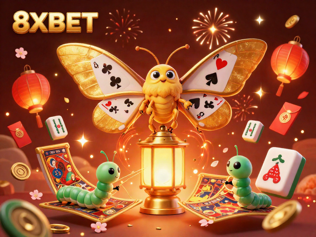 Experience thrilling casino games with 8XBET's vibrant and festive 3D illustration featuring an atlas moth and lucky symbols.