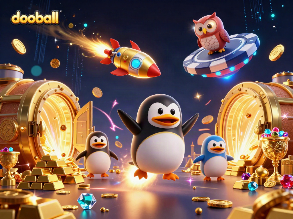 Experience incredible dooball gaming with stunning visuals of a golden penguin and casino elements.