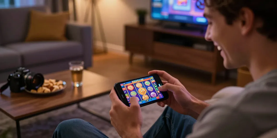 Pengguna jandaslot88 dengan smartphone memainkan permainan slot online di ruang tamu yang nyaman.