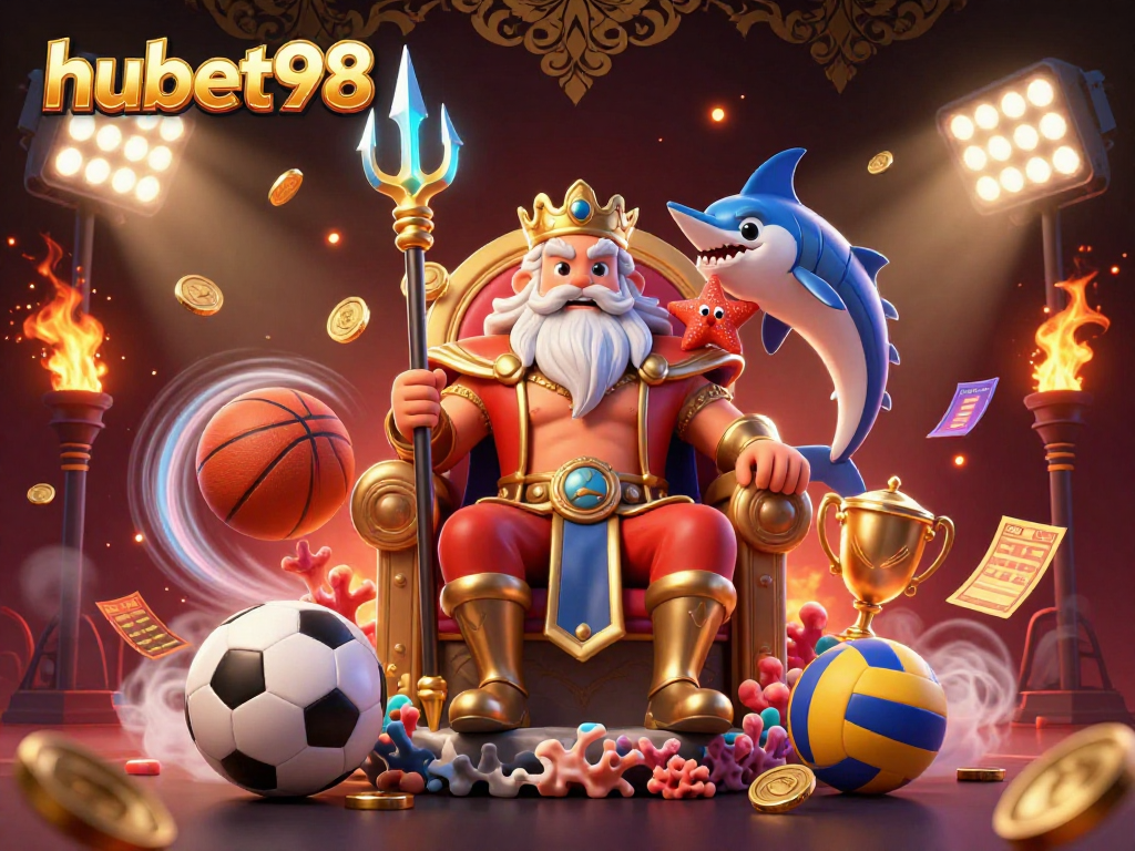 Engage with hubet98's thrilling sea-themed casino illustration, showcasing Neptune and dynamic sports elements.