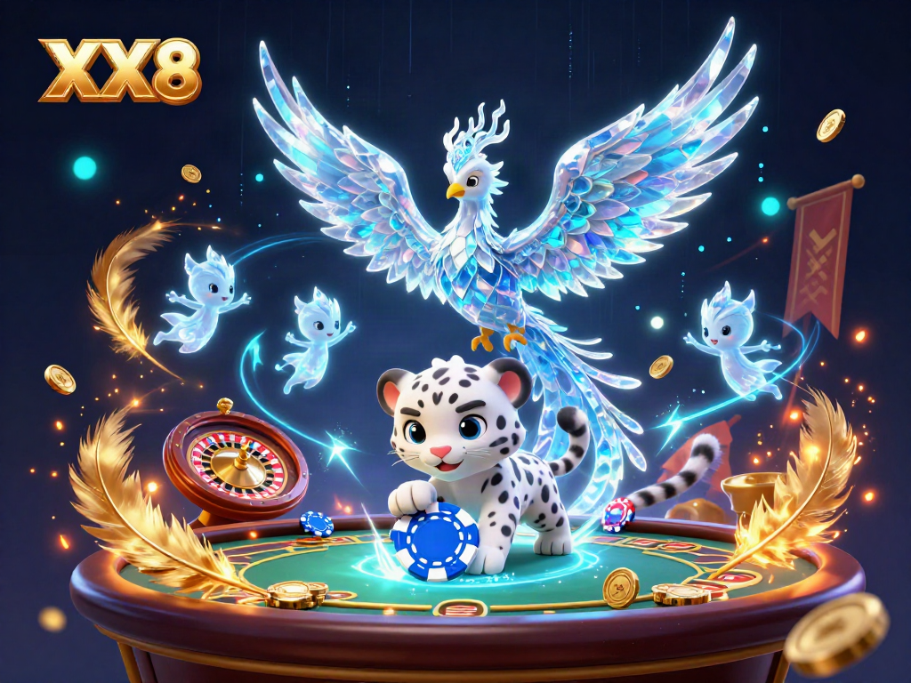 Immerse in the magical XX8 casino scene with glowing sprites and an ice phoenix amid vibrant gaming elements.