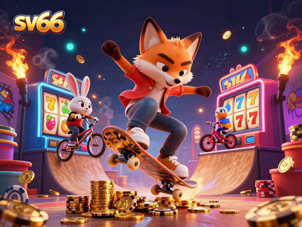 sv66 themed casino illustration with a skateboarder fox and BMX rabbit amidst slot machines and poker chips