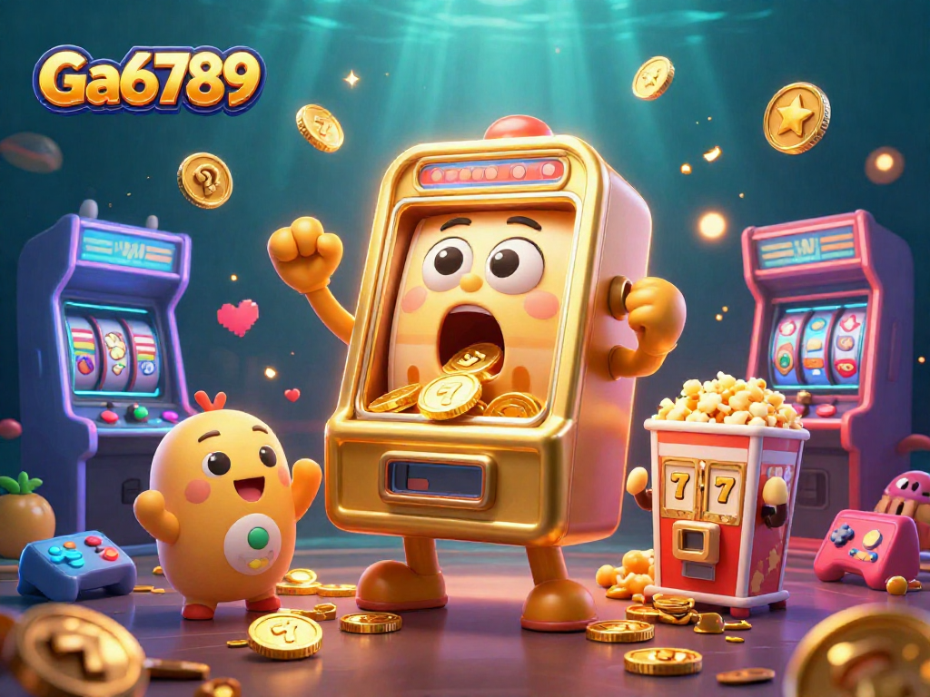 Ga6789 showcases a jubilant jackpot celebration with vibrant slot machines and golden coins.