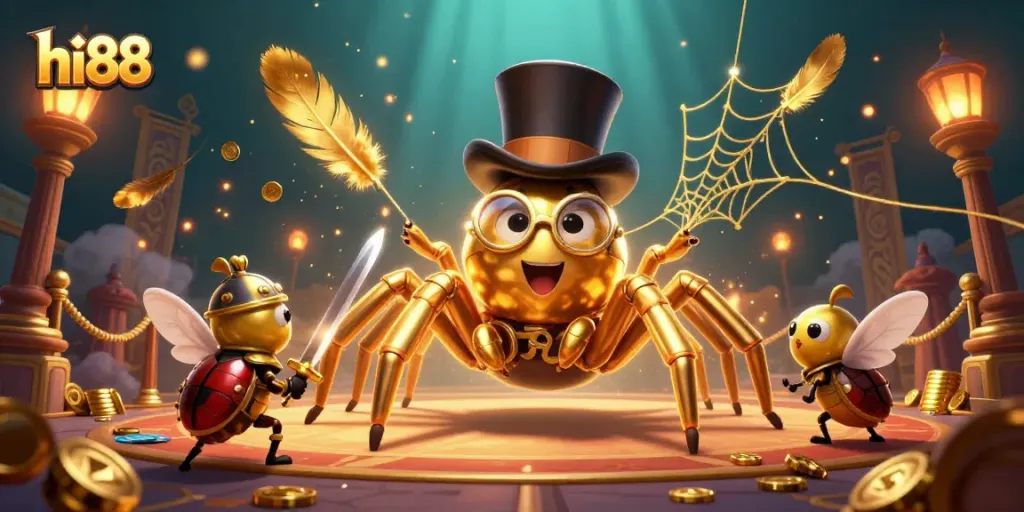 Experience thrilling gameplay at hi88, featuring a golden tarantula and heroic beetle in a vibrant casino scene.