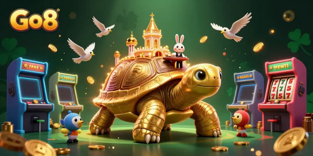 Go8 features a giant glowing tortoise casino with a rabbit dealer and floating golden coins.