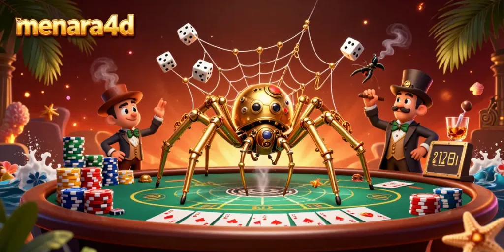 Engage with menara4d's dynamic gaming universe, featuring a golden spider and poker elements.