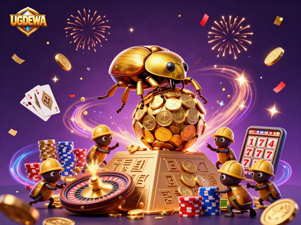 Join the action at UGDEWA, where golden coins and casino excitement swirl together in a vibrant scene.
