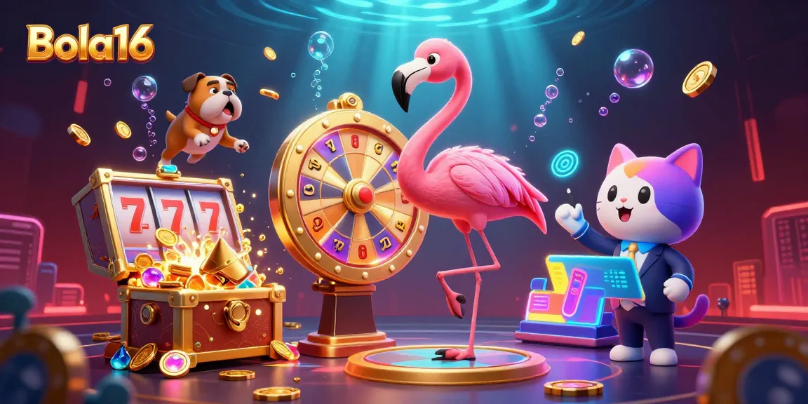 Bola16 showcases an exciting casino game scene with a flamingo host, bulldog contestant, and vibrant slot reels.