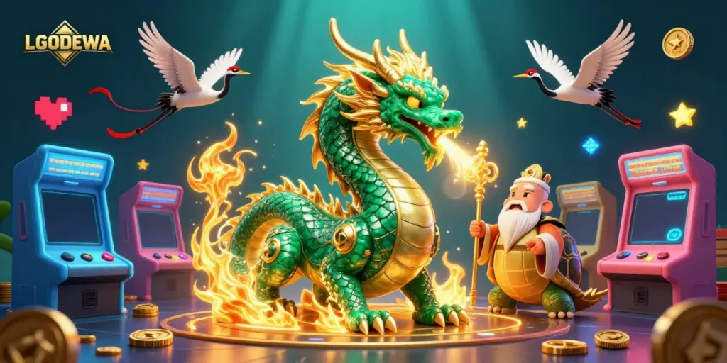 Experience thrilling gaming at LGODEWA with an epic dragon, wise turtles, and lucky cranes in a vibrant arcade.