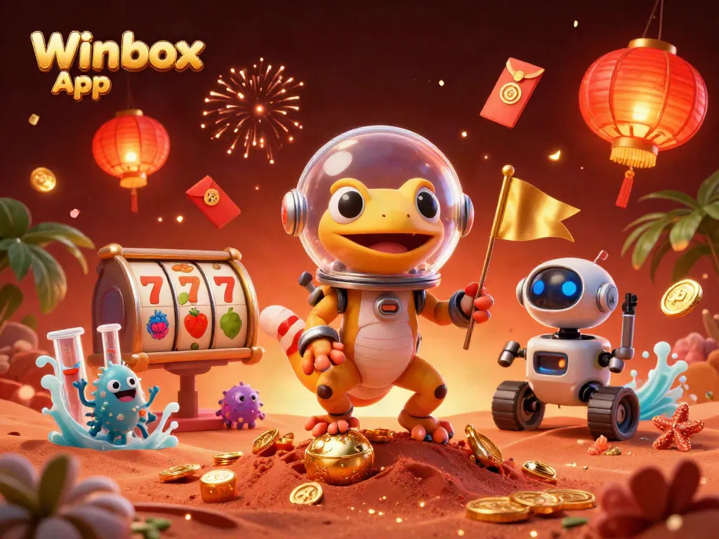 Winbox App showcases a vibrant 3D casino scene with a Martian gecko exploring riches and excitement.