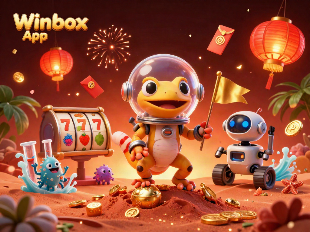 Winbox App showcases a vibrant 3D casino scene with a Martian gecko exploring riches and excitement.