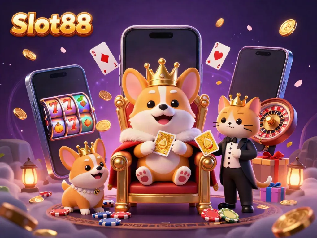 Engage with Slot88 as a royal corgi sits on a throne of poker chips surrounded by exciting casino elements.