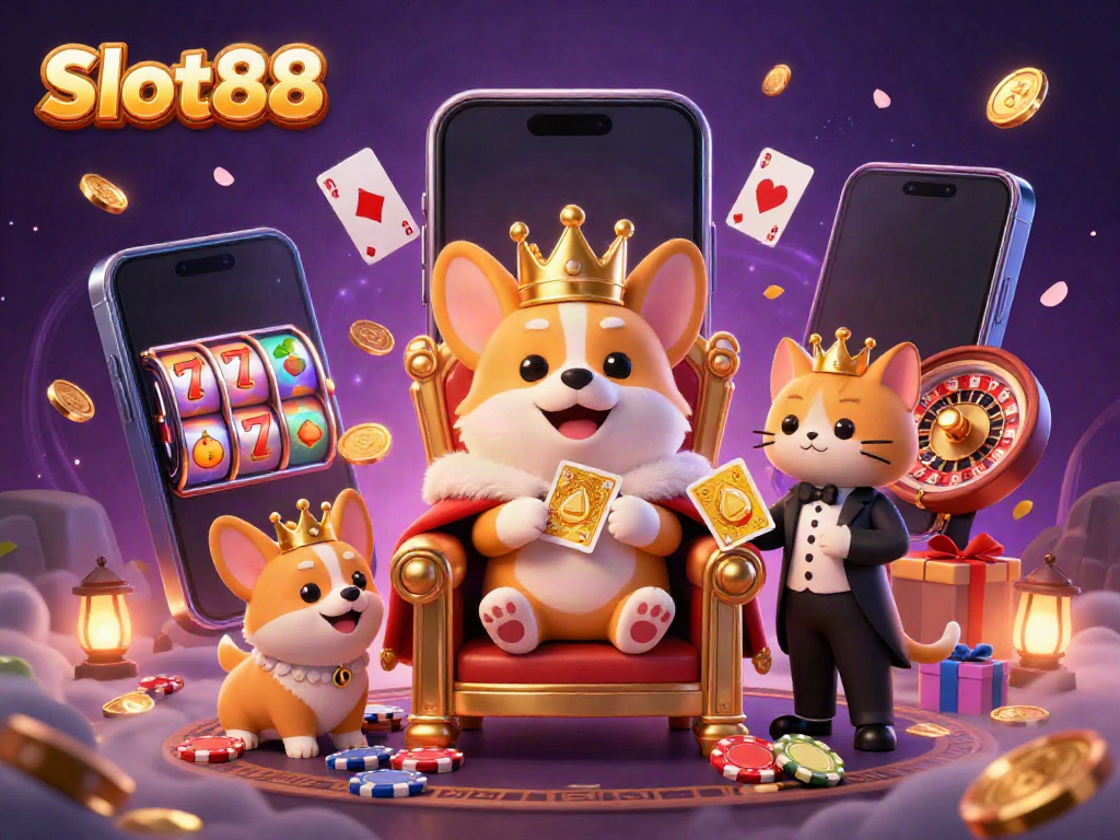 Engage with Slot88 as a royal corgi sits on a throne of poker chips surrounded by exciting casino elements.