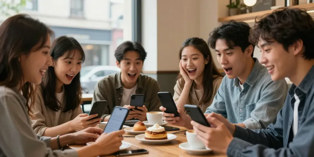 Kumpulan teman menikmati video lucu di kafe dengan suasana hangat dan penuh tawa, menampilkan momen menarik dari link bokep.