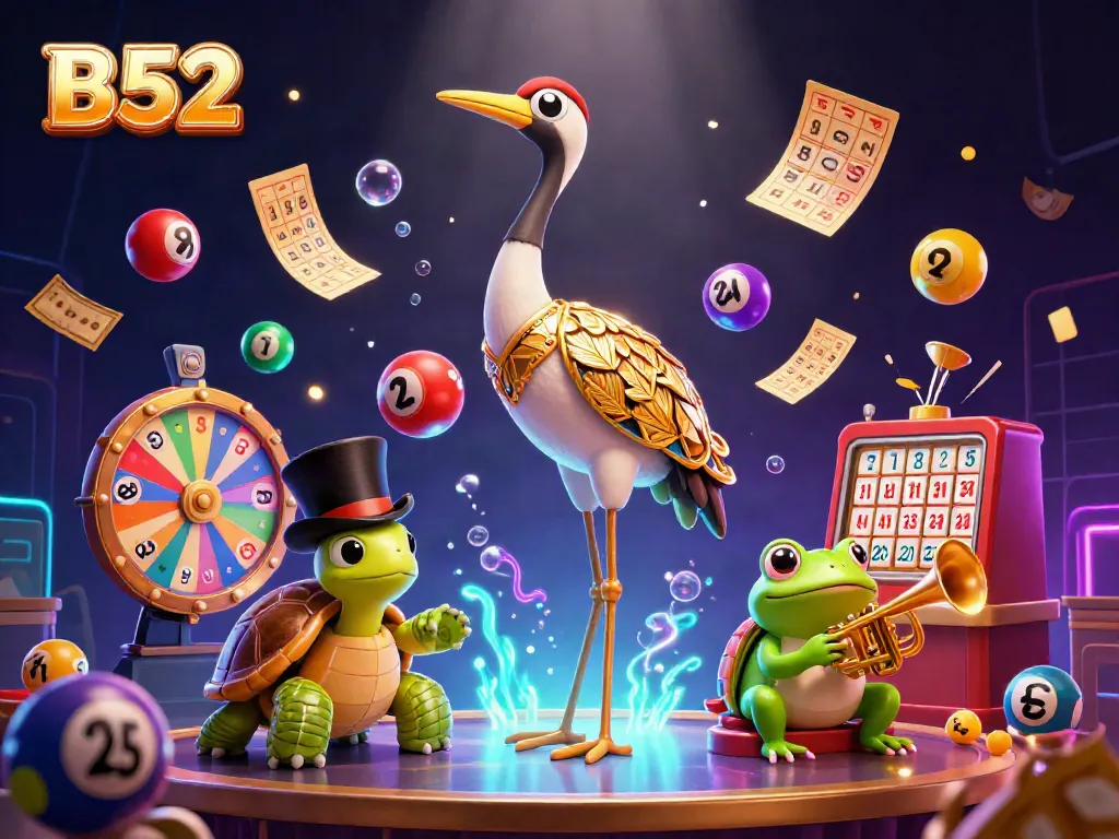 B52 casino-themed illustration showcasing vibrant characters and gaming elements in a dynamic scene.