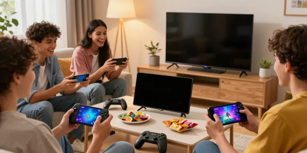 Youthful friends enjoying the Yono Arcade app in a cozy living room setting, embodying mobile gaming excitement.