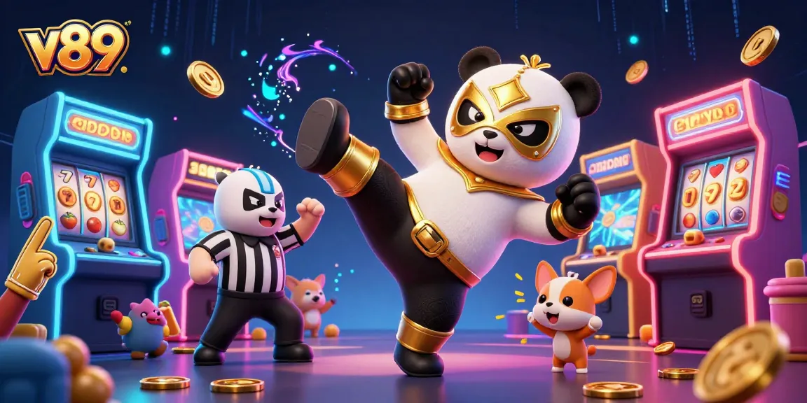 Visualisasi kasino v89 dengan panda pejuang dan elemen slot yang menarik.