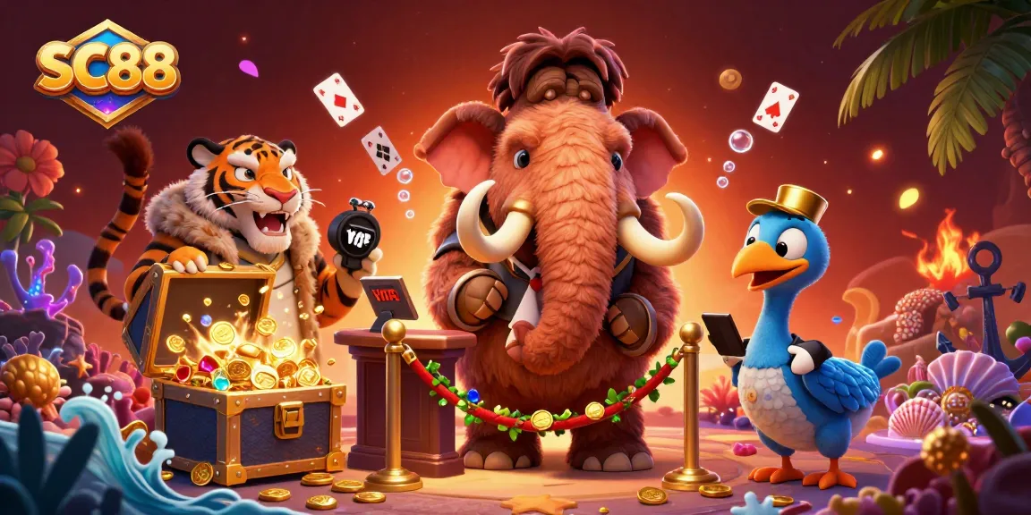 Experience the thrill of SC88 with a vibrant cartoon illustration of a mammoth bouncer and VIP guests in a casino setting.