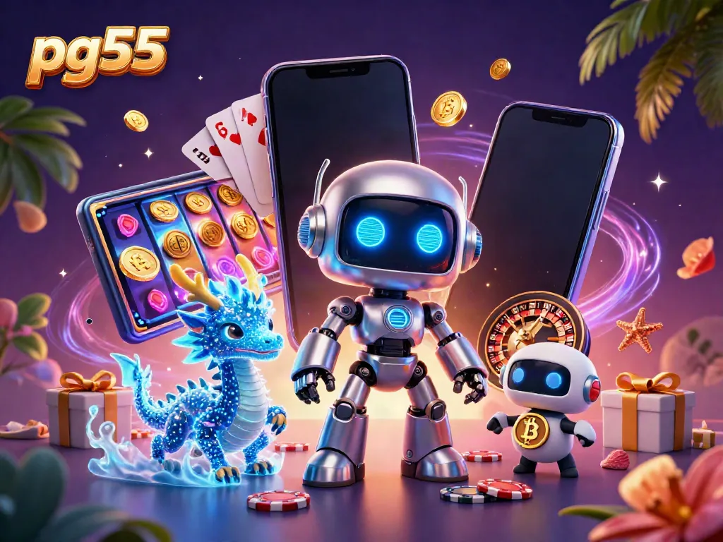 Experience exciting gaming action with pg55 featuring a dynamic casino scene of a cyberpunk robot, a holographic dragon, and bitcoin drone.
