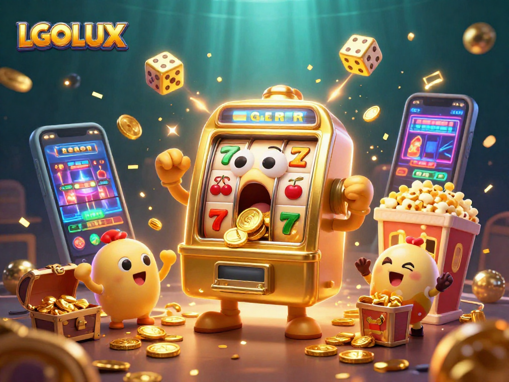 LGOLUX offers thrilling jackpot wins with a lively scene of slot machines and golden coins.