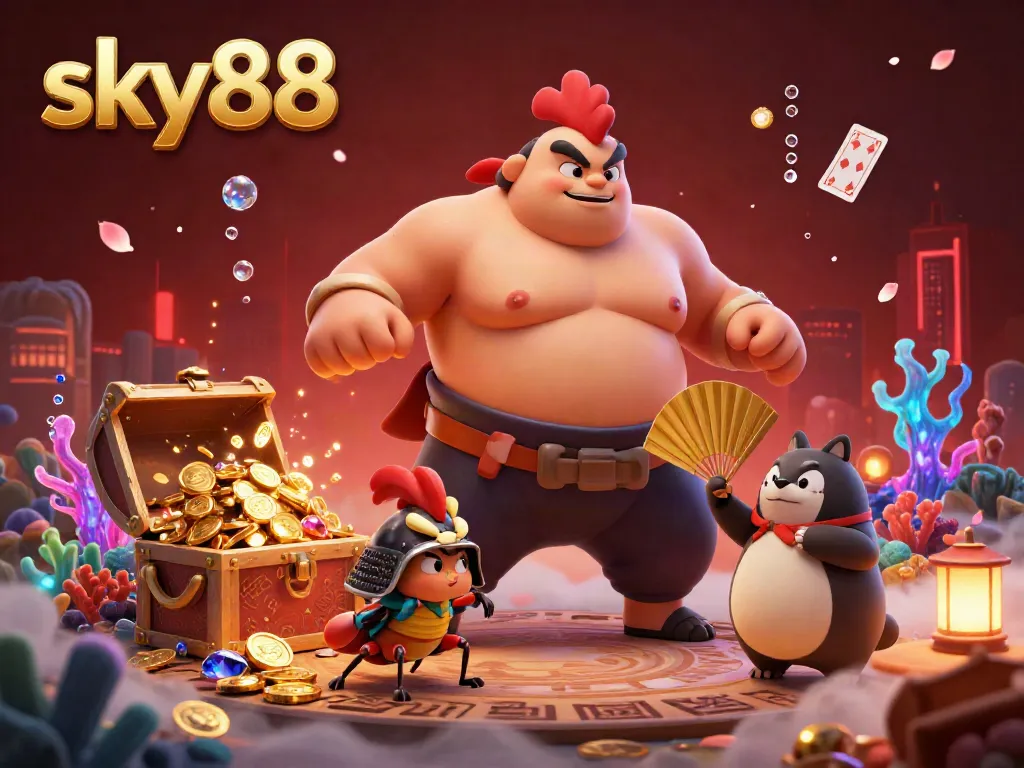 Experience the exciting world of sky88 with a cartoon sumo wrestler, samurai cricket, and lively casino elements.