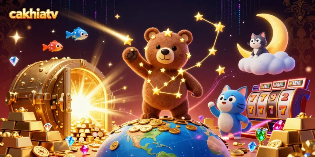 Cakhiatv captivates with a dynamic casino scene featuring treasure and characters in a vibrant swirl of casino excitement.