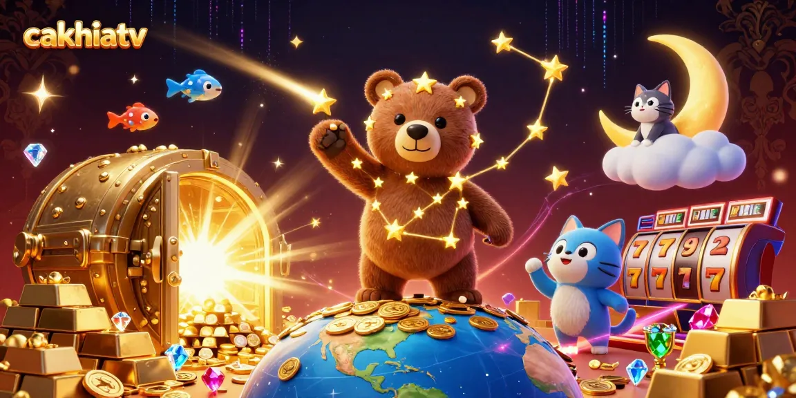 Cakhiatv captivates with a dynamic casino scene featuring treasure and characters in a vibrant swirl of casino excitement.