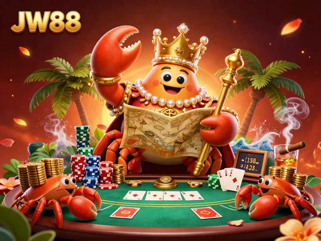 Experience thrilling action at JW88 Casino with a golden crab emperor ruling a vibrant poker scene.