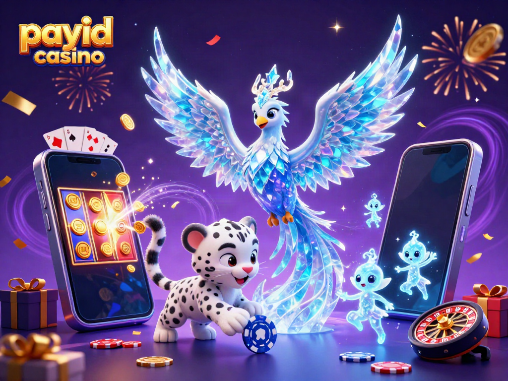 Engaging 3D illustration of a payid casino scene with an ice phoenix, a snow leopard, and ice sprites celebrating over gaming elements.