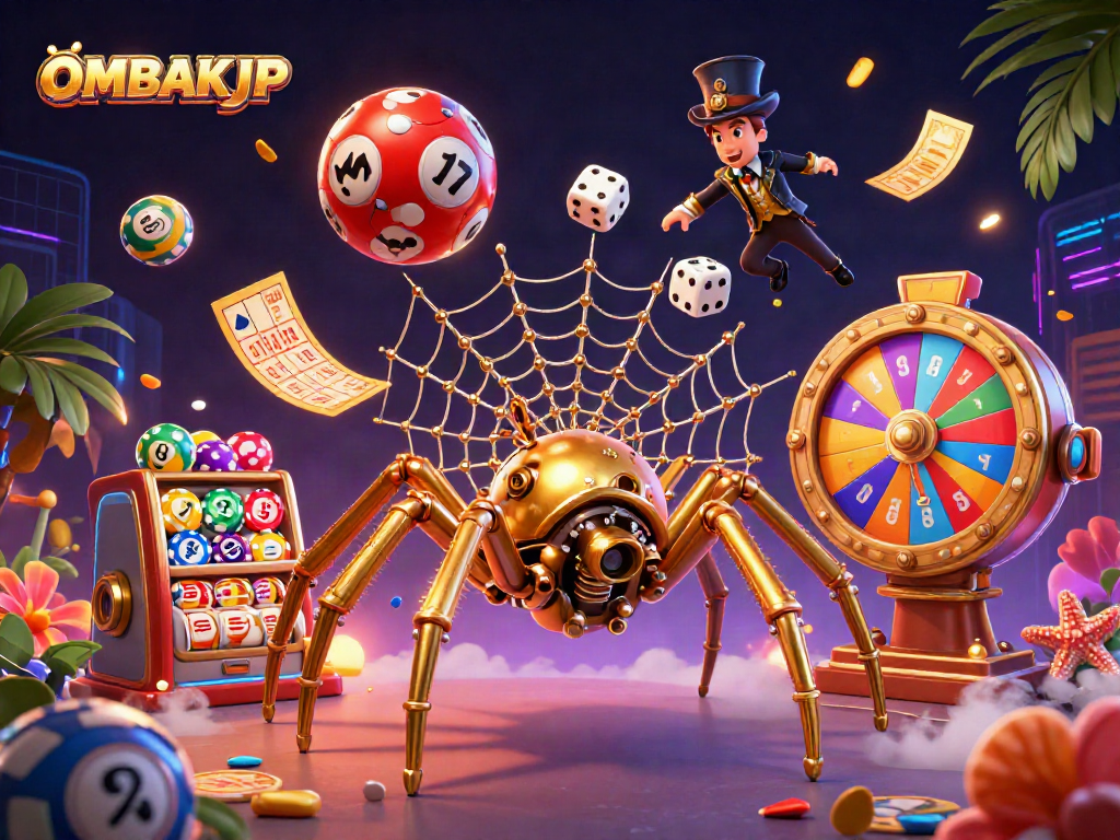 Engage with OMBAKJP in a vibrant 3D casino scene filled with lottery excitement and winning moments.